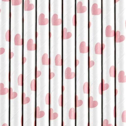 White Paper Straws with Pink Hearts (10 pcs / 19.5 cm)