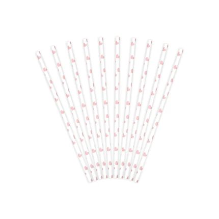White Paper Straws with Pink Hearts (10 pcs / 19.5 cm)