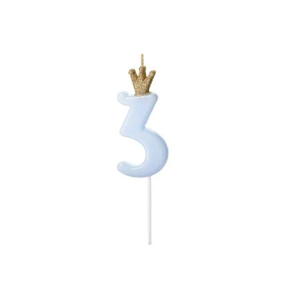 Gimtadienio žvakutė "3" melsva su karūna