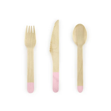 Medinių stalo įrankių rinkinys su rožiniu dekoru (18vnt./16cm)
