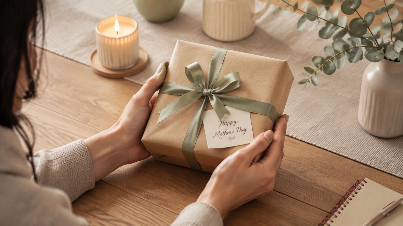 A woman holds a beautifully wrapped gift with a “Happy Mother's Day” tag against a wooden table backdrop.