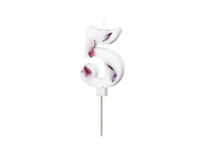 Balta žvakutė su žiedlapiais "5"