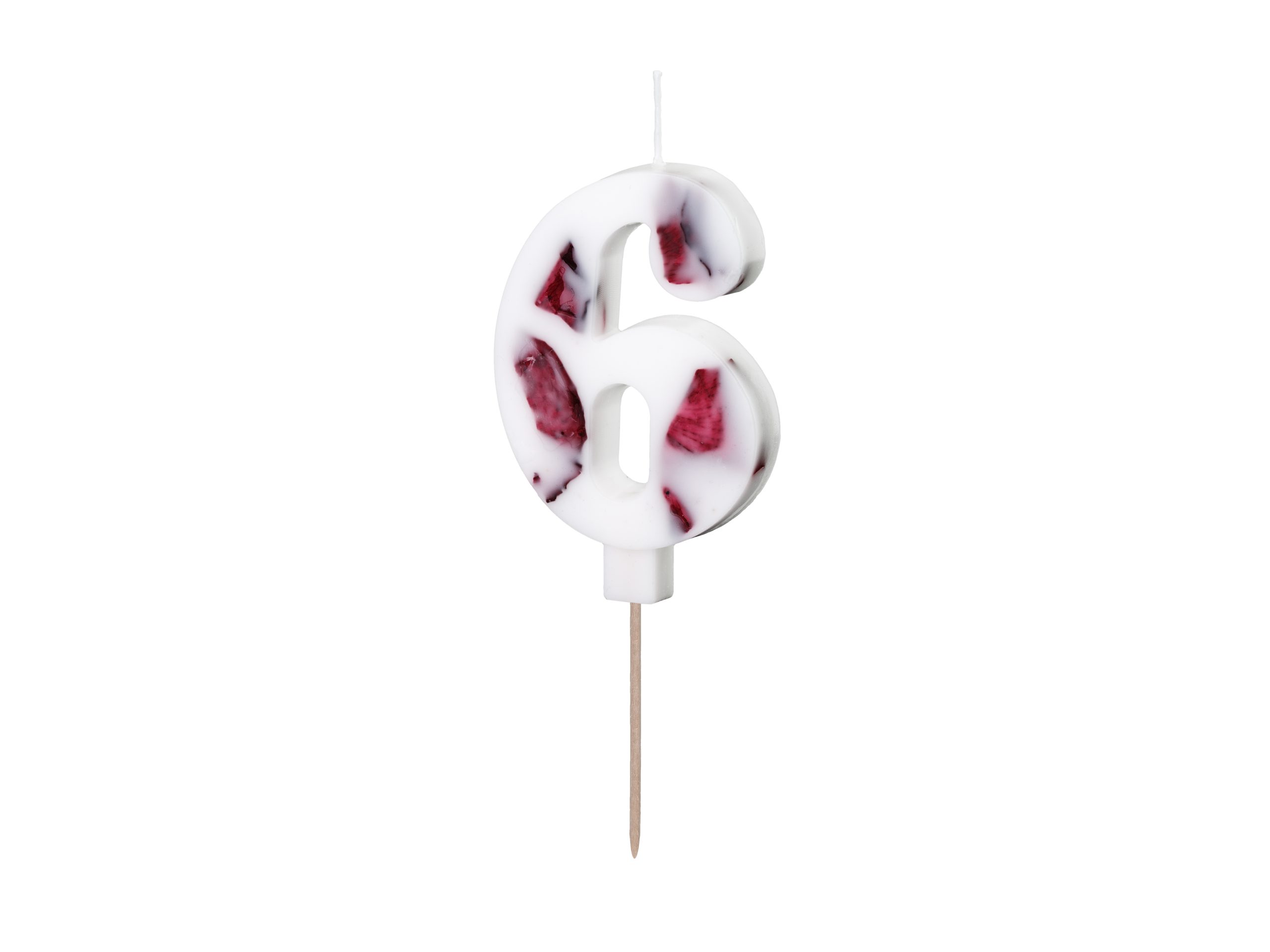 Balta žvakutė su žiedlapiais "6" Balta žvakutė su žiedlapiais "6"