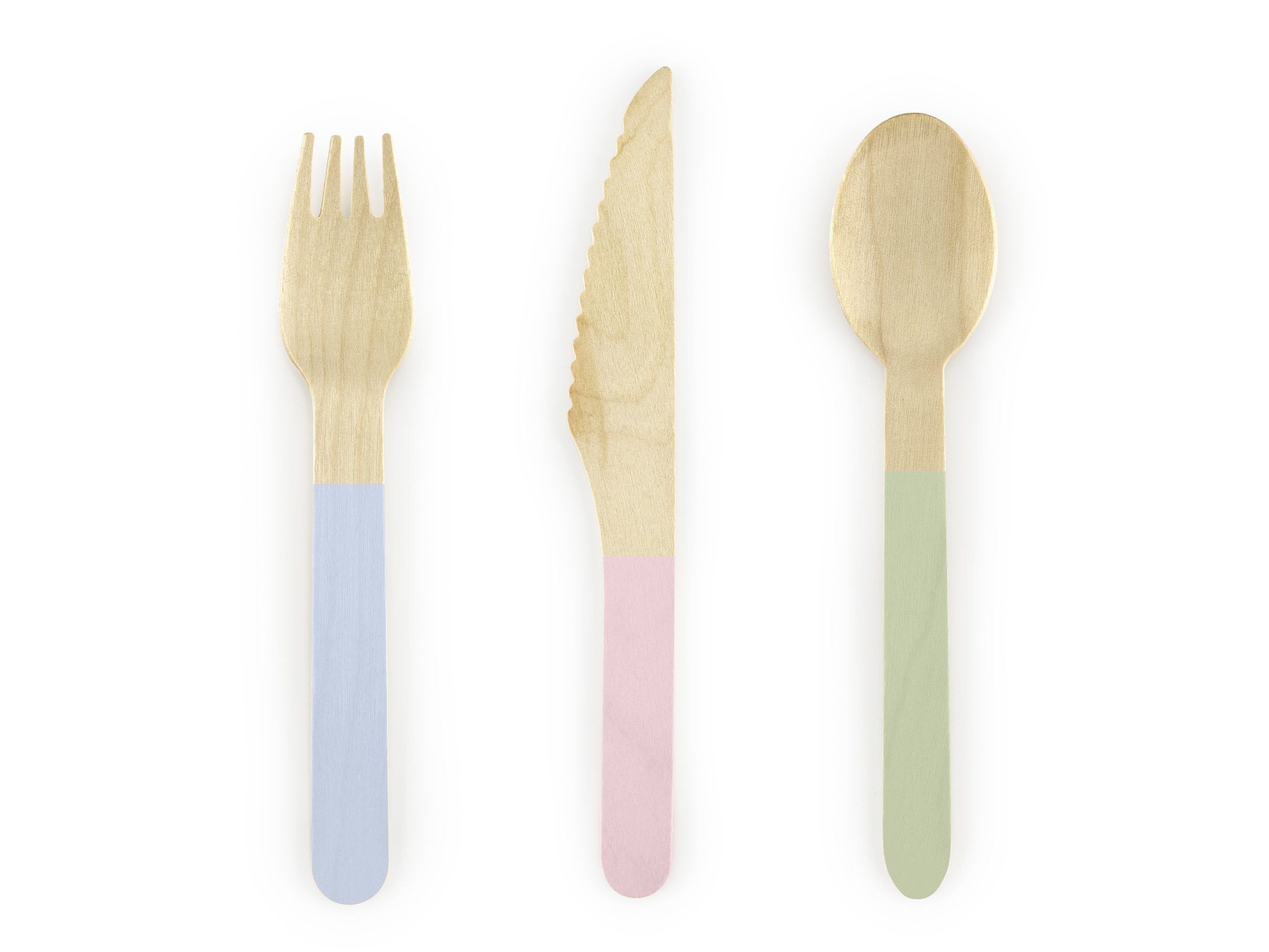 Medinių stalo įrankių rinkinys su pastelinių spalvų dekoru (18vnt./16cm) Medinių stalo įrankių rinkinys su pastelinių spalvų dekoru (18vnt./16cm)