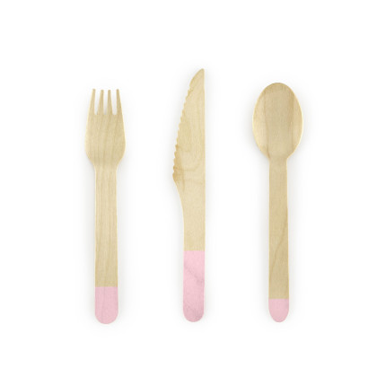 Medinių stalo įrankių rinkinys su rožiniu dekoru (18vnt./16cm)